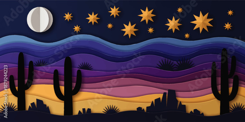 Colorful desert night landscape with moon, stars and cactus in layered paper cut style, vibrant abstract southwest background illustration