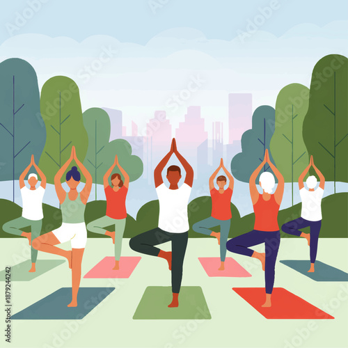 Diverse group practicing outdoor yoga in city park, people doing tree pose on colorful mats, healthy lifestyle flat illustration