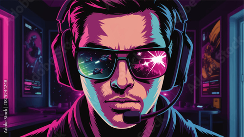 Neon cyber gamer with headset and reflective sunglasses streaming futuristic space battle in dark gaming room, vaporwave illustration