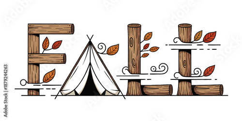 Fall camping typography with wooden log letters, autumn leaves and tent illustration on transparent background, rustic seasonal design