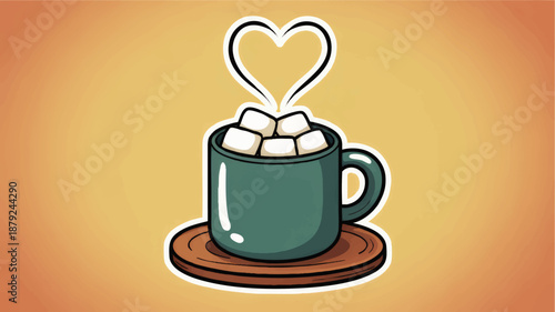 Cozy hot chocolate mug with marshmallows and heart steam illustration on warm pastel background, cute winter coffee art