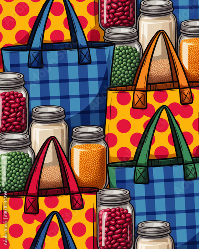 Colorful reusable shopping bags and pantry glass jars seamless pattern, zero waste grocery illustration, eco friendly kitchen background