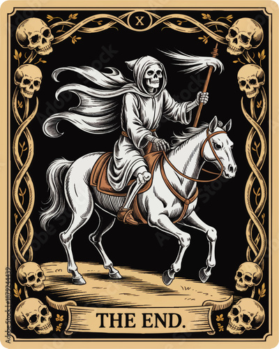 Grim reaper on white horse tarot card illustration, vintage gothic death rider with scythe, skull border, black background poster art