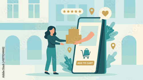 Customer receives packages from smartphone, illustrating mobile online shopping