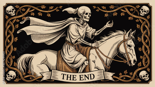 Vintage grim reaper skeleton riding white horse, gothic death illustration with ornate skull frame and banner reading the end, black background