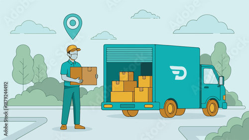 Masked delivery person with parcel standing by a cargo truck illustration