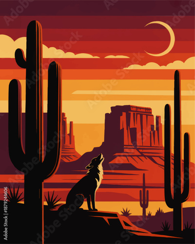 Desert sunset illustration with howling coyote, saguaro cacti and canyon cliffs under crescent moon, warm orange red landscape art