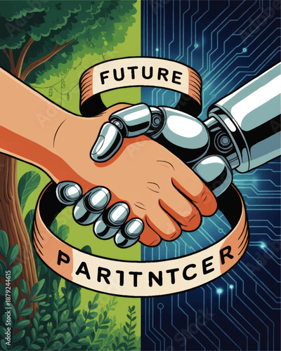 Human and robot handshake partnership illustration, nature and technology future collaboration, AI and ecology concept, digital art