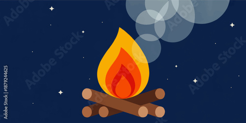Cozy campfire illustration under starry night sky with glowing flames, wooden logs and soft smoke for camping or outdoor designs