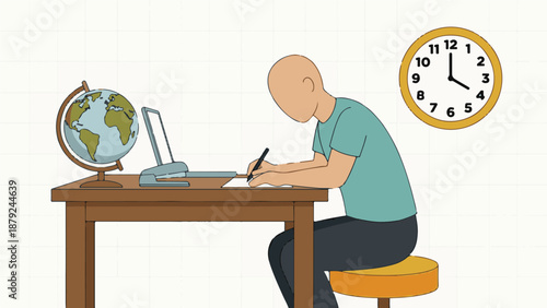 Student studying at desk with globe and clock, illustration