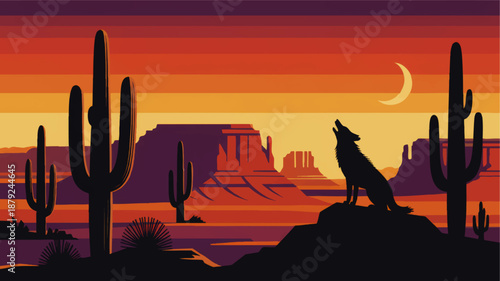 Howling coyote in desert canyon landscape at sunset with crescent moon, saguaro cactus silhouettes and vibrant orange purple sky illustration