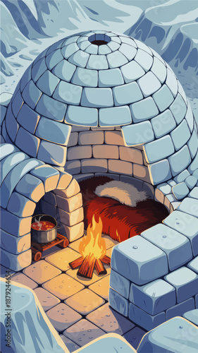 Cozy winter igloo with warm campfire and cooking pot in snowy arctic landscape, cartoon illustration of polar shelter interior