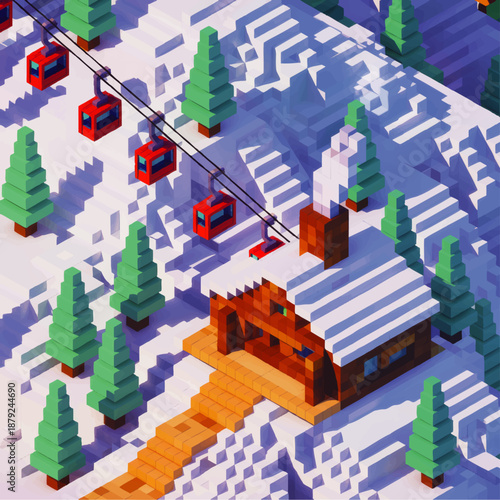 Isometric voxel winter ski resort with snowy mountain cabin, red cable cars, pine trees and pixel art alpine landscape illustration