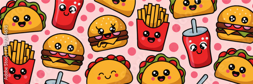 Cute fast food seamless pattern with kawaii burger taco fries and soda characters on pink polka dot background for kids design