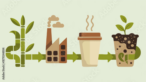 Eco friendly coffee cup life cycle illustration with bamboo, sustainable factory, compostable packaging and plant growth concept
