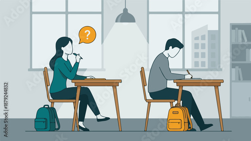 Students in a classroom, one puzzled while the other works diligently