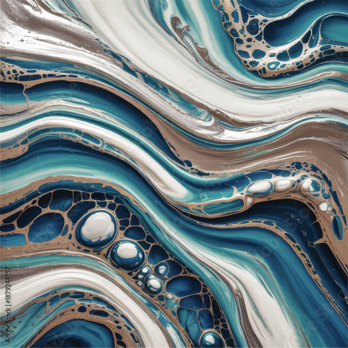 Turquoise blue fluid art background with flowing marble waves, liquid cells and metallic accents for modern abstract design