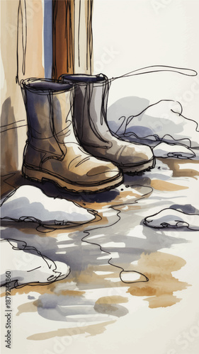 Winter boots by rustic doorway in melting snow puddles, watercolor illustration of cozy cold season outdoor footwear scene