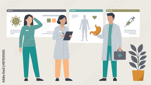 Medical team analyzing health data, human anatomy, and treatment options