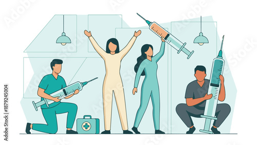 Medical team with oversized syringes celebrating healthcare and vaccination