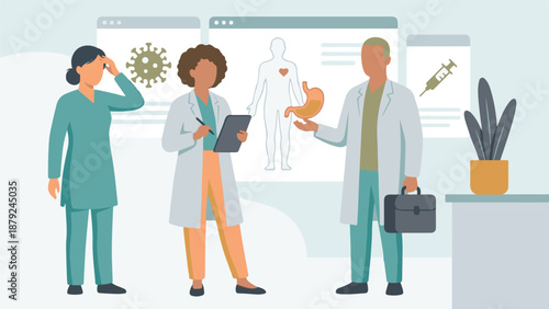 Healthcare professionals discussing health, disease, and treatment options