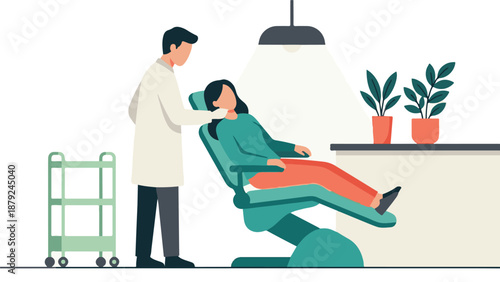 Dentist examining patient in clinic with modern minimalist design
