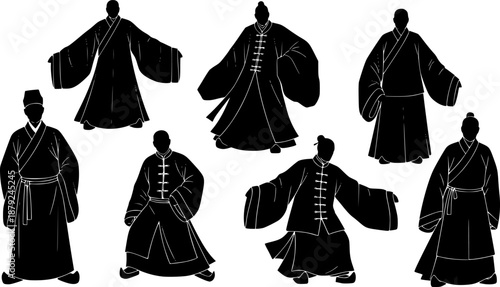 set of silhouette of traditional chinese men's clothing, traditional chinese clothing, vector, isolated on white background 