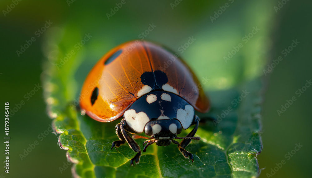 Fototapeta premium Vibrant ladybug on green leaf with striking black and white spots