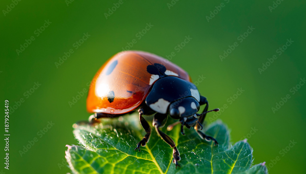 Fototapeta premium Two ladybugs on a green leaf in garden setting