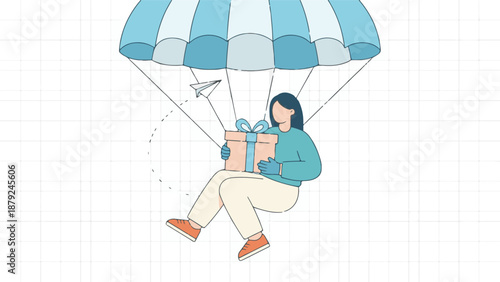 Woman flying with parachute holding a gift box, conceptual delivery