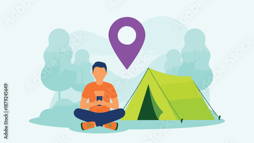 Man camping with smartphone and location pin for travel navigation