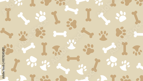 Minimalist seamless pattern with brown dog paws and bones in earth tone colors. Aesthetic pet footprint vector background for wallpaper