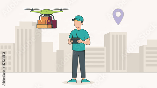 Man controlling a delivery drone carrying packages over a city skyline