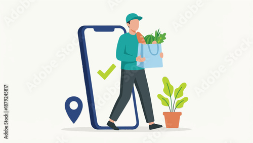 Grocery delivery service illustration with mobile app, courier, and fresh food