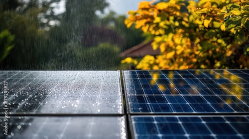 Rain on solar panels renewable energy showcase backyard outdoor photography natural environment close-up view sustainability concept