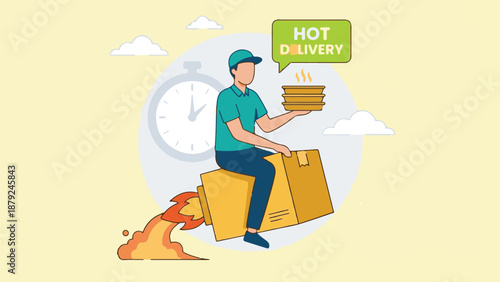 Fast hot food delivery service with courier riding a rocket
