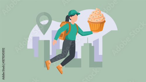 Fast dessert delivery concept with female courier and giant cupcake over city