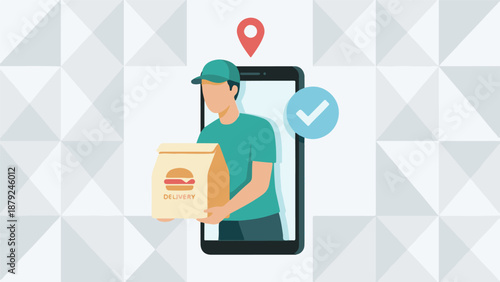 Online food delivery service concept with courier and smartphone app