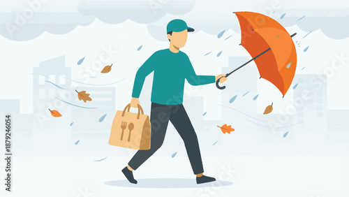 Delivery man struggling with umbrella and food bag in autumn storm
