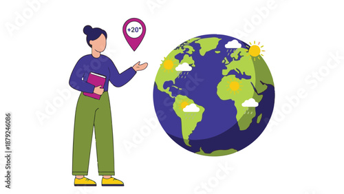 Female meteorologist shares global weather forecast and temperature