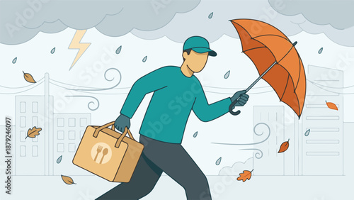 Food delivery driver rushing through stormy city weather