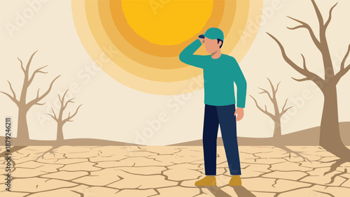 Man in barren landscape searching for water under scorching sun, drought concept