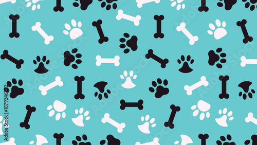 Seamless dog paw and bone pattern vector on turquoise background for pet shop branding and wallpaper