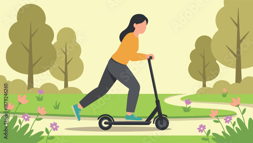 Young woman enjoying a casual ride on an electric scooter in a park