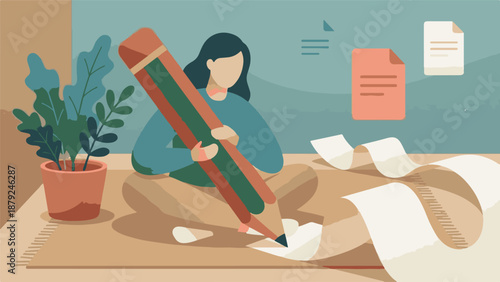 Creative Writing Process with Giant Pencil and Long Paper Scroll