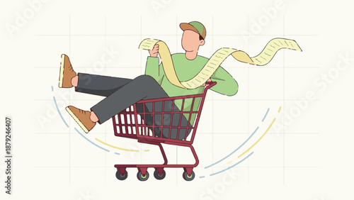 Person in shopping cart checking long receipt, concept of consumer spending