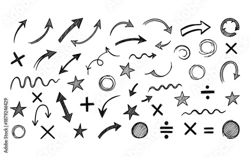 Hand drawn black arrows stars symbols on white background