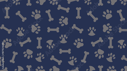 Seamless puppy paw and bone pattern vector on dark navy background for pet accessories and fabric wallpaper