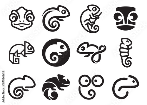 Chameleon icons collection vector illustration reptile lizard amphibian silhouette