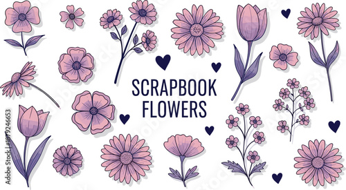 Pink and purple flowers with hearts and text on white background scrapbook
